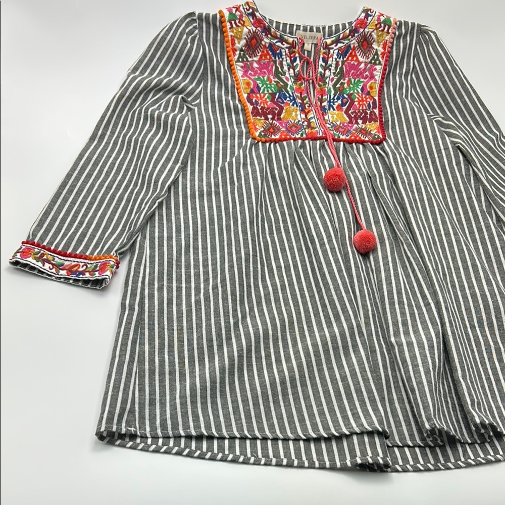 Velzera Embroidered Boho Tunic Gray Striped Pom Pom Blouse Lagenlook Top Small - Picture 3 of 15